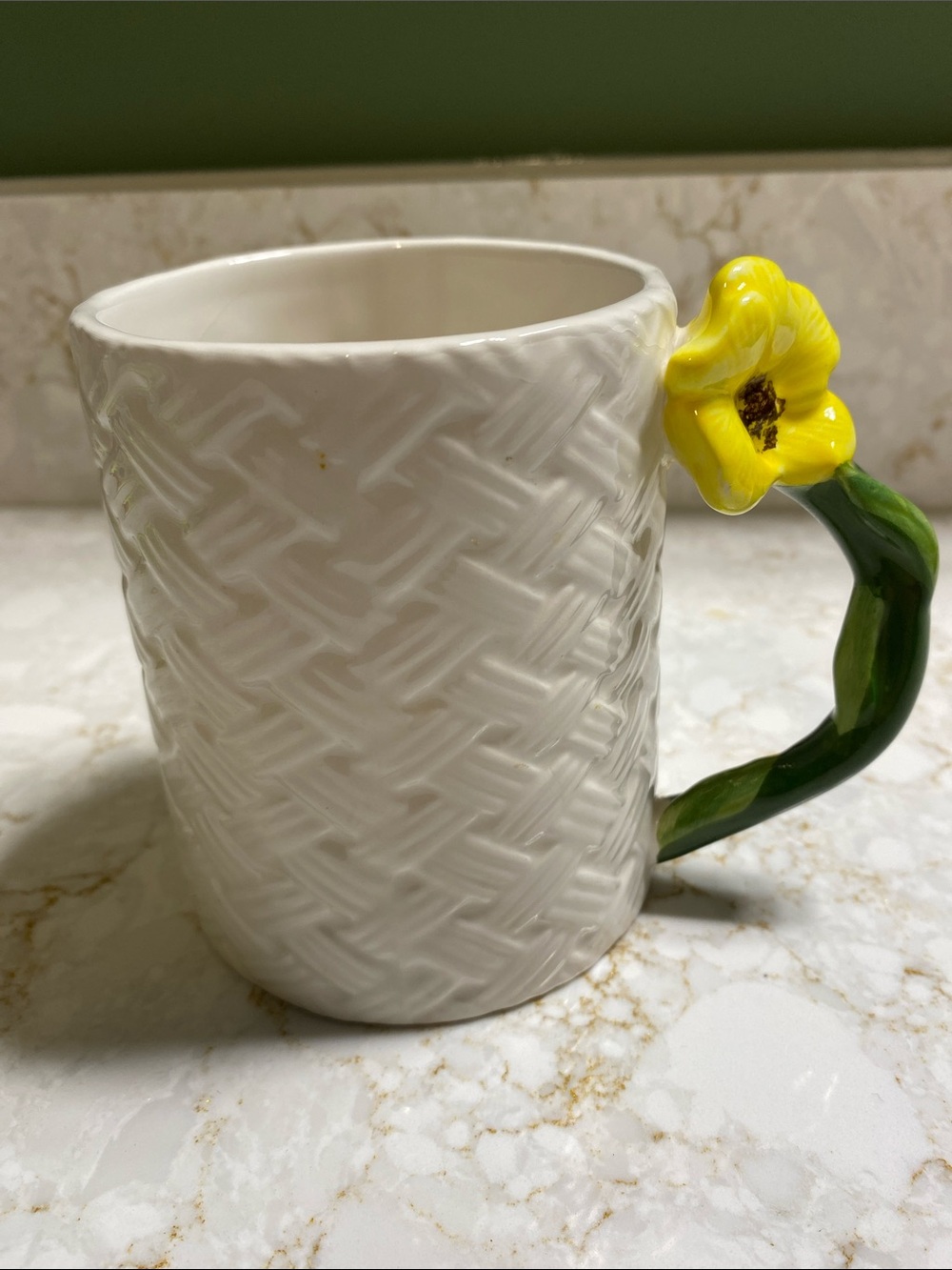 White Ceramic Flower Handle Coffee Mug - Yellow Flower Accent